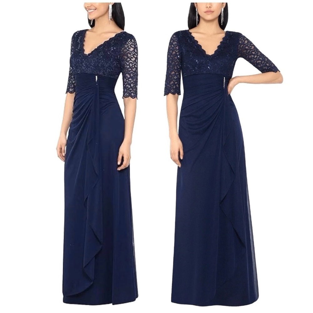 Betsy & Adam B&A Navy Blue Formal Dress Lace Sequin Rhinestone New Size 12